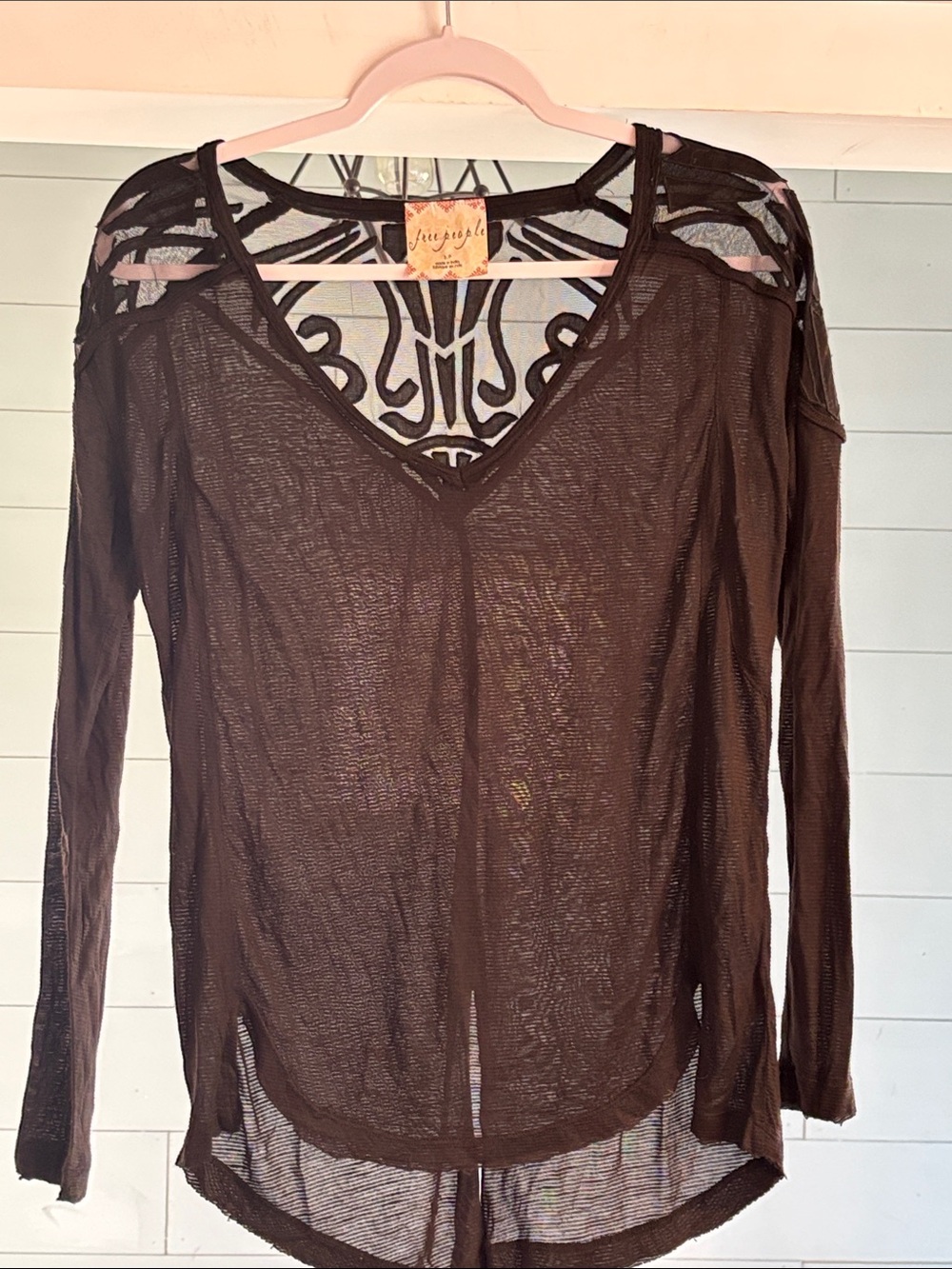 Free‎ People Black Sheer V-Neck Long Sleeve Top